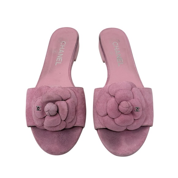 Chanel Camellia Suede Calfskin CC Flower Pink Slide Sandals Size 37 - Picture 4 of 11